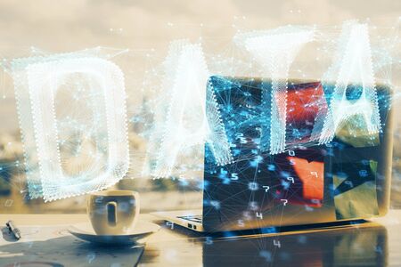 Double exposure of computer and technology theme hologram. Concept of freelance work.