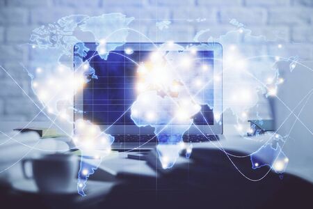 Multi exposure of business theme icons and work space with computer background. Concept of success.の写真素材