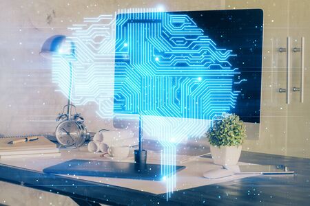 Multi exposure of work table with computer and brain hologram. Brainstorm concept.の写真素材