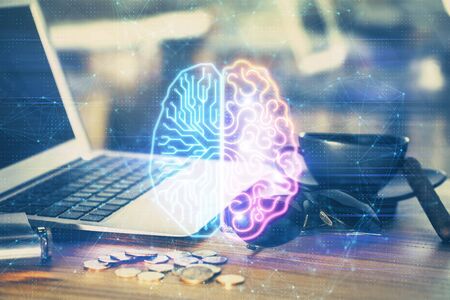 Multi exposure of work table with computer and brain hologram. Brainstorm concept.
