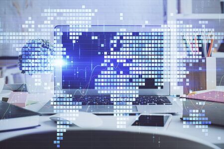 Multi exposure of business theme icons and work space with computer background. Concept of success.の写真素材