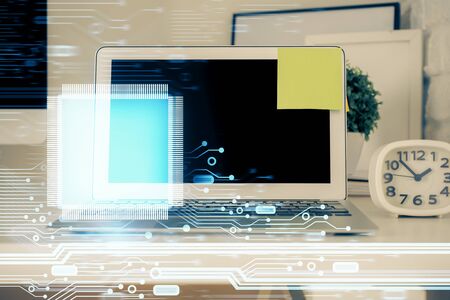 Technology theme drawing and work space with computer. Double exposure. Concept of innovation.の写真素材