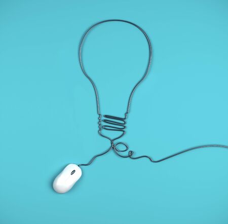 Computer mouse and cables in form of lamp on a blue background. Success and startup concept. 3D...