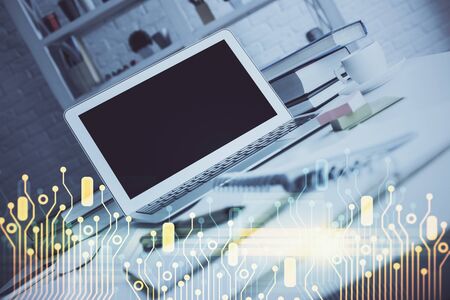 Technology theme drawing and work space with computer. Double exposure. Concept of innovation.の写真素材