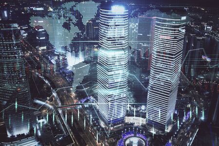 Financial chart on city scape with tall buildings background multi exposure. Analysis concept.の写真素材