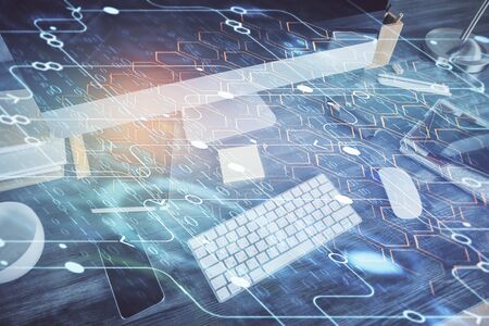 Technology theme drawing and table with computer. Double exposure. Concept of information.