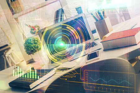 Multi exposure of desktop with personal computer and tech theme drawing. Concept of Bigdata.の写真素材