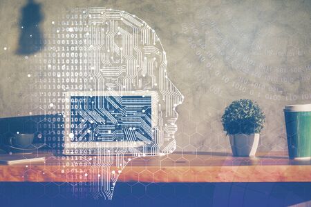 Double exposure of work table with computer and brain sketch hologram. Brainstorming concept.
