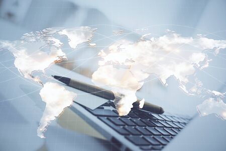 Multi exposure of business theme icons and work space with computer background. Concept of success.の写真素材