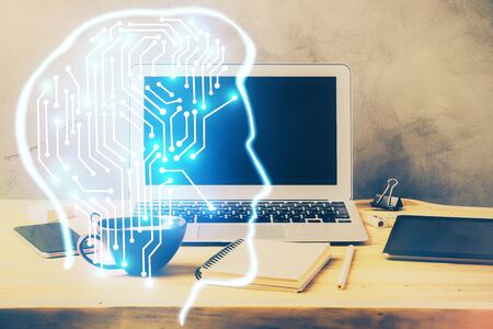 Multi exposure of work space with computer and human brain hologram. Brainstorm concept.の写真素材