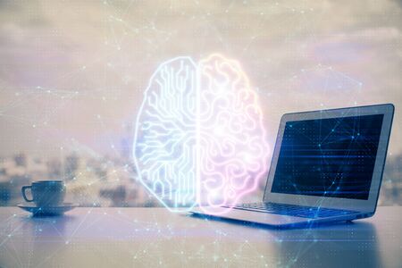 Multi exposure of work space with computer and human brain hologram. Brainstorm concept.