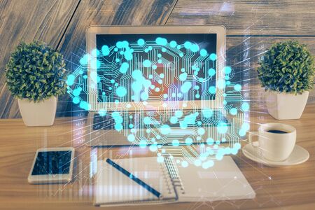 Multi exposure of work table with computer and brain hologram. Brainstorm concept.の写真素材