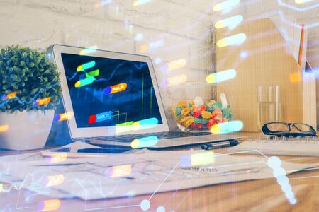 Multi exposure of desktop computer and technology theme hologram. Concept of software development.の写真素材