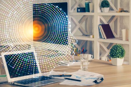 Double exposure of work table with computer and brain sketch hologram. Brainstorming concept.の写真素材