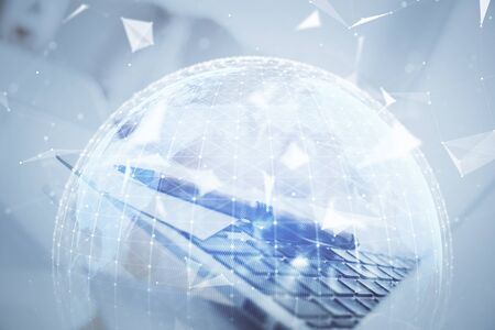 Multi exposure of business theme icons and work space with computer background. Concept of success.の写真素材