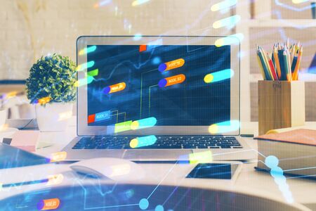 Multi exposure of desktop with personal computer and tech theme drawing. Concept of Bigdata.の写真素材
