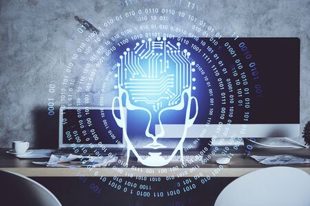 Double exposure of work table with computer and brain sketch hologram. Brainstorming concept.