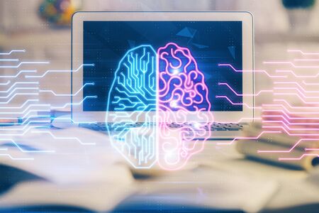 Double exposure of work space with computer and human brain drawing hologram. Brainstorm concept.