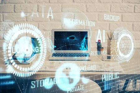 Double exposure of desktop computer and technology theme hologram. Concept of software development.の写真素材