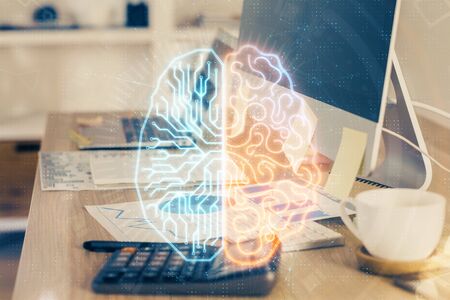 Multi exposure of work space with computer and human brain hologram. Brainstorm concept.の写真素材