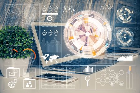 Multi exposure of computer on background and technology theme drawing. Concept of innovation.の写真素材