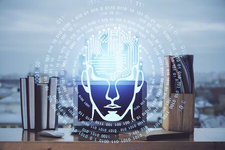Double exposure of work table with computer and brain sketch hologram. Brainstorming concept.の写真素材