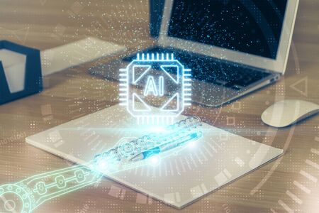 Double exposure of computer and technology theme hologram. Concept of freelance work.