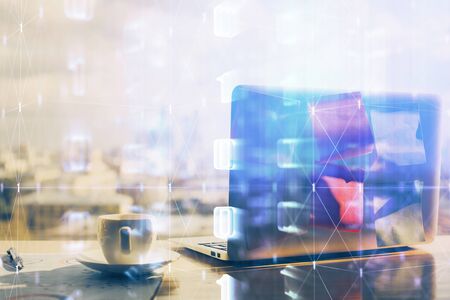 Double exposure of computer and technology theme hologram. Concept of freelance work.の写真素材