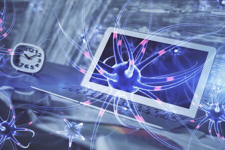 Desktop computer background and neuron drawing. Double exposure. Education concept.