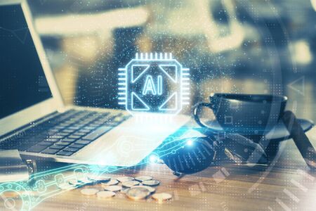 Double exposure of computer and technology theme hologram. Concept of freelance work.