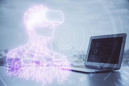 Computer on desktop with AR theme icon. Multi exposure. Concept of augmented reality.