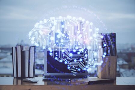 Double exposure of work table with computer and brain sketch hologram. Brainstorming concept.