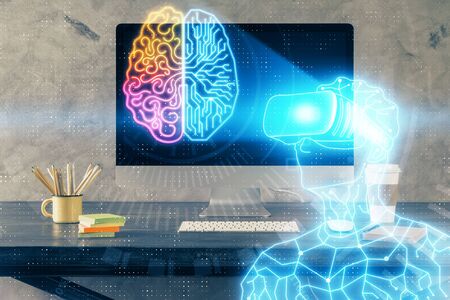 Computer on desktop with AR theme icon. Multi exposure. Concept of augmented reality.