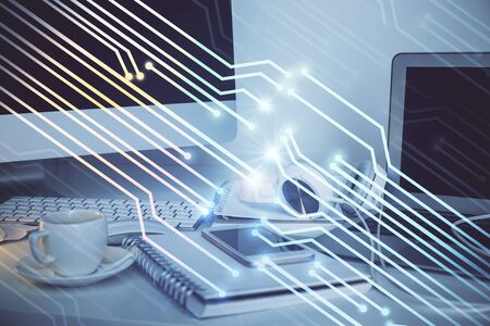 Technology theme drawing and work space with computer. Multi exposure. Concept of innovation.の写真素材