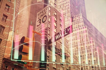 Forex chart on cityscape with tall buildings background multi exposure. Financial research concept.の写真素材