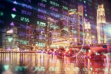Financial chart on city scape with tall buildings background multi exposure. Analysis concept.