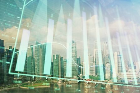 Forex chart on cityscape with skyscrapers wallpaper multi exposure. Financial research concept.