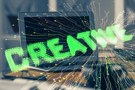 Desktop computer background in office and start up theme hologram drawing. Double exposure. Startup...