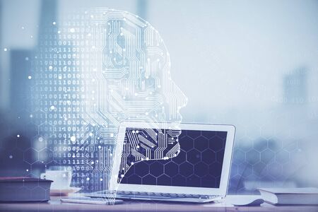 Double exposure of work table with computer and brain sketch hologram. Brainstorming concept.の写真素材