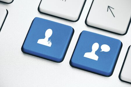 Social media buttons on laptop. Online advertisement and digital concept. 3D Rendering