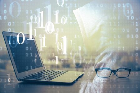 Double exposure of computer and technology theme hologram. Concept of freelance work.