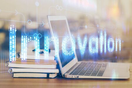 Double exposure of computer and technology theme hud. Concept of innovation.の写真素材