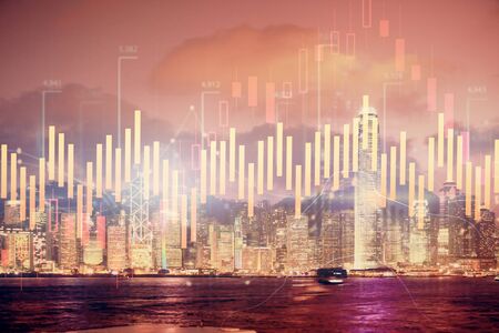 Multi exposure of forex chart drawings over cityscape background. Concept of success.