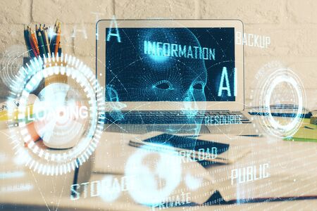Multi exposure of desktop computer and technology theme hologram. Concept of software development.の写真素材