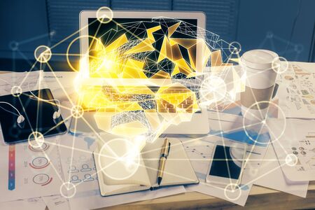Multi exposure of work space with computer and human brain hologram. Brainstorm concept.