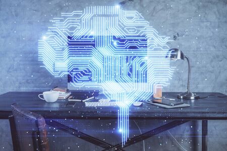 Double exposure of table with computer and brain hologram. Data innovation concept.の写真素材