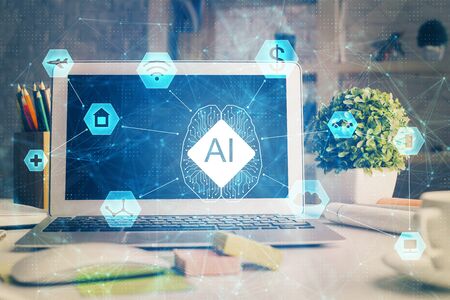 Double exposure of desktop with personal computer on background and tech theme drawing. Concept of Bigdata.の写真素材