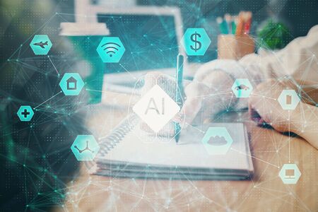 Multi exposure of writing hands on background with data solution hologram. Technology concept.
