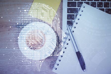 Multi exposure of brain sketch hologram over topview work table background with computer. Concept of big data.の写真素材