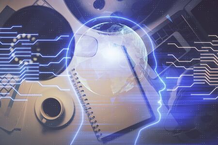Double exposure of brain sketch and table top veiw. Concept of data analysis.の写真素材